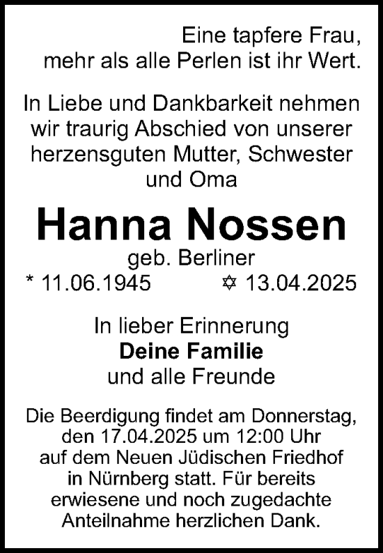 Traueranzeige von Hanna Nossen von Gesamtausgabe Nürnberger Nachrichten/ Nürnberger Ztg.
