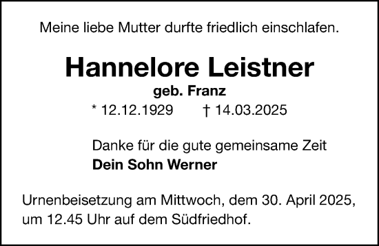 Traueranzeige von Hannelore Leistner von Gesamtausgabe Nürnberger Nachrichten/ Nürnberger Ztg.