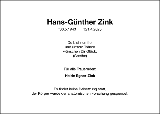 Traueranzeige von Hans-Günther Zink von Gesamtausgabe Nürnberger Nachrichten/ Nürnberger Ztg.