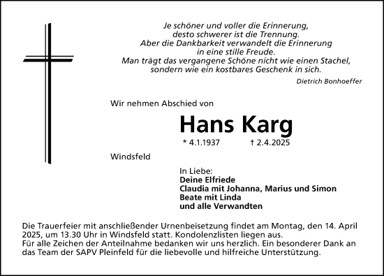 Traueranzeige von Hans Karg von Altmühl-Bote Lokal
