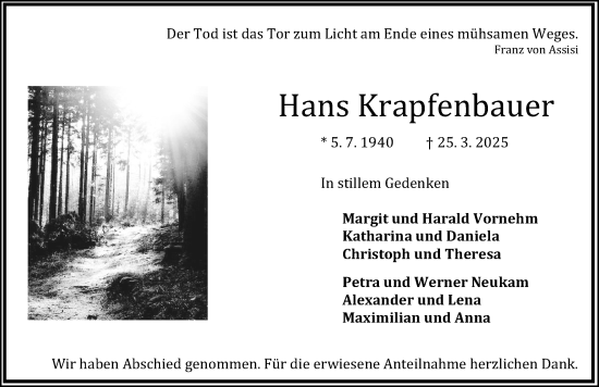 Traueranzeige von Hans Krapfenbauer von Fürther Nachrichten Lokal