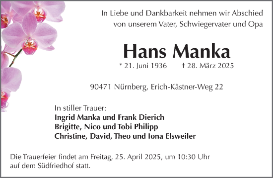 Traueranzeige von Hans Manka von Gesamtausgabe Nürnberger Nachrichten/ Nürnberger Ztg.