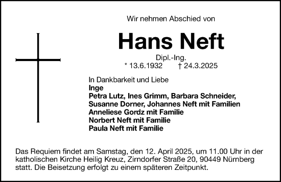 Traueranzeige von Hans Neft von Gesamtausgabe Nürnberger Nachrichten/ Nürnberger Ztg.