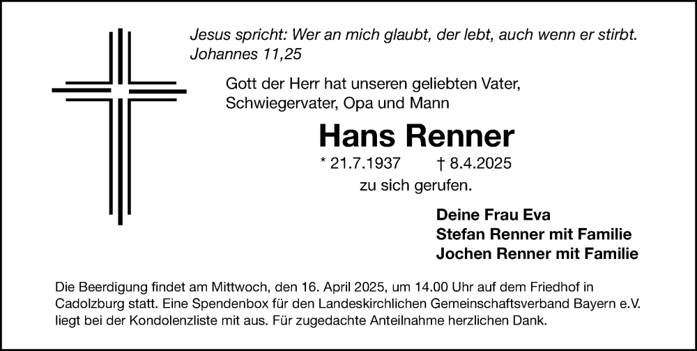  Traueranzeige für Hans Renner vom 12.04.2025 aus Gesamtausgabe Nürnberger Nachrichten/ Nürnberger Ztg.