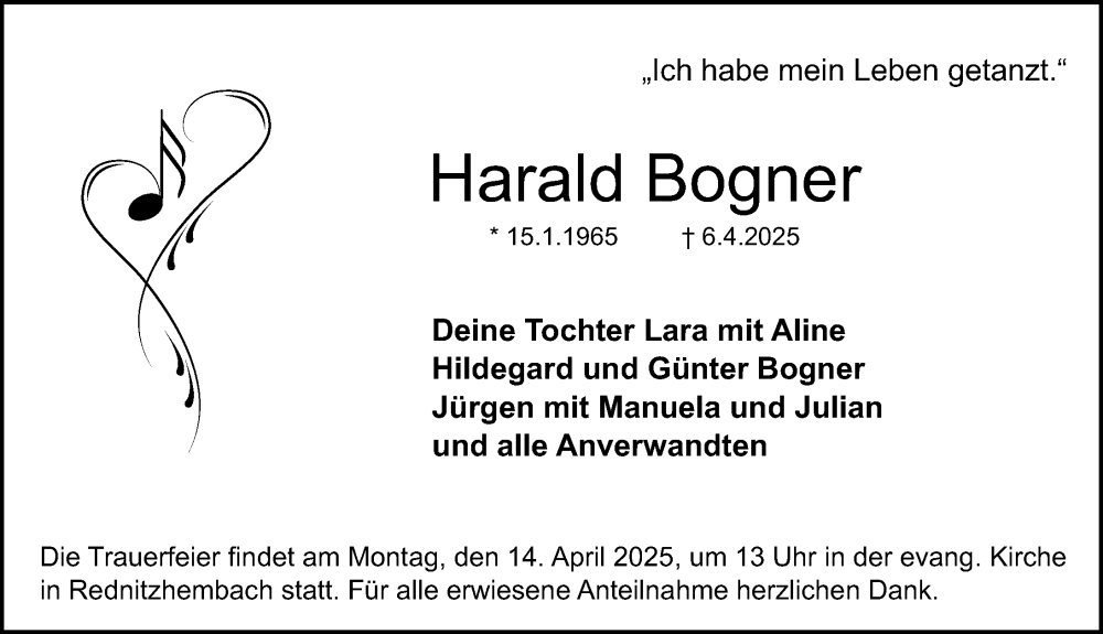  Traueranzeige für Harald Bogner vom 12.04.2025 aus Schwabacher Tagblatt Lokal