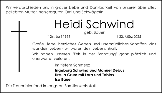 Traueranzeige von Heidi Schwind von Gesamtausgabe Nürnberger Nachrichten/ Nürnberger Ztg.