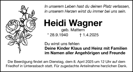 Traueranzeige von Heidi Wagner von Fürther Nachrichten Lokal