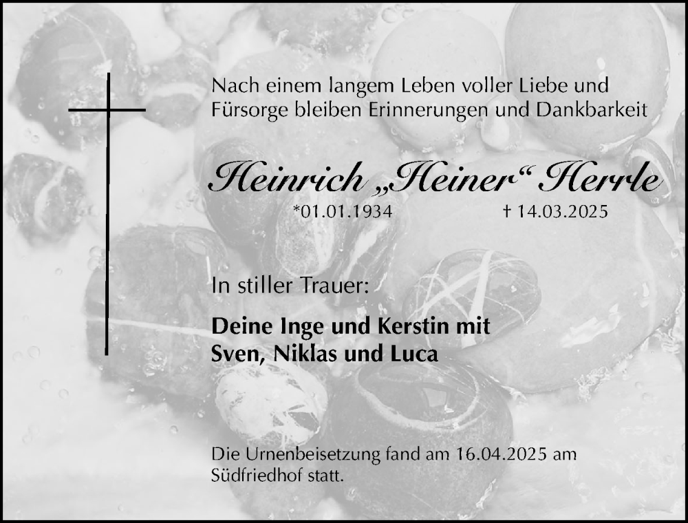  Traueranzeige für Heinrich Herrle vom 26.04.2025 aus Gesamtausgabe Nürnberger Nachrichten/ Nürnberger Ztg.