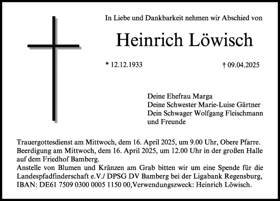 Traueranzeige von Heinrich Löwisch von Gesamtausgabe Nürnberger Nachrichten/ Nürnberger Ztg.