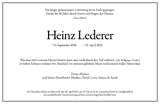 Traueranzeige von Heinz Lederer von Gesamtausgabe Nürnberger Nachrichten/ Nürnberger Ztg.