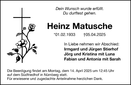 Traueranzeige von Heinz Matusche von Gesamtausgabe Nürnberger Nachrichten/ Nürnberger Ztg.