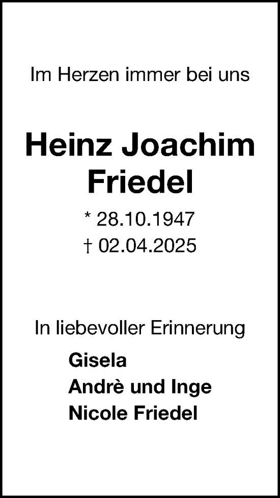 Traueranzeige von Heinz Joachim Friedel von Gesamtausgabe Nürnberger Nachrichten/ Nürnberger Ztg.