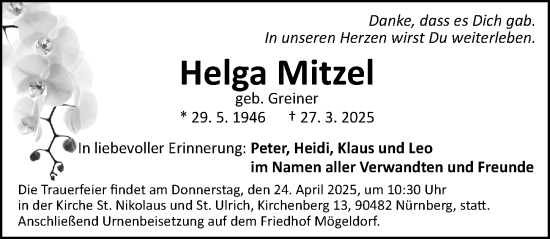 Traueranzeige von Helga Mitzel von Gesamtausgabe Nürnberger Nachrichten/ Nürnberger Ztg.