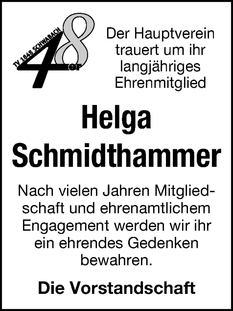  Traueranzeige für Helga Schmidthammer vom 09.04.2025 aus Schwabacher Tagblatt Lokal