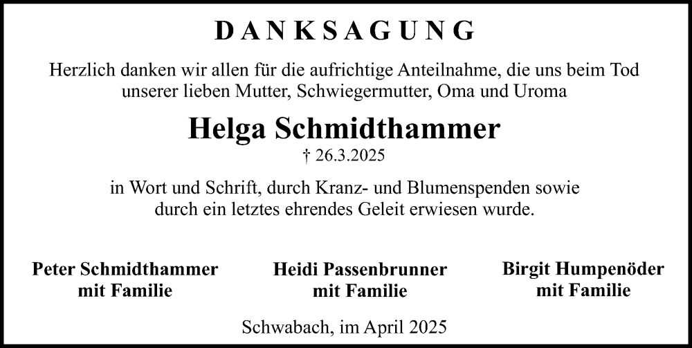  Traueranzeige für Helga Schmidthammer vom 12.04.2025 aus Schwabacher Tagblatt Lokal