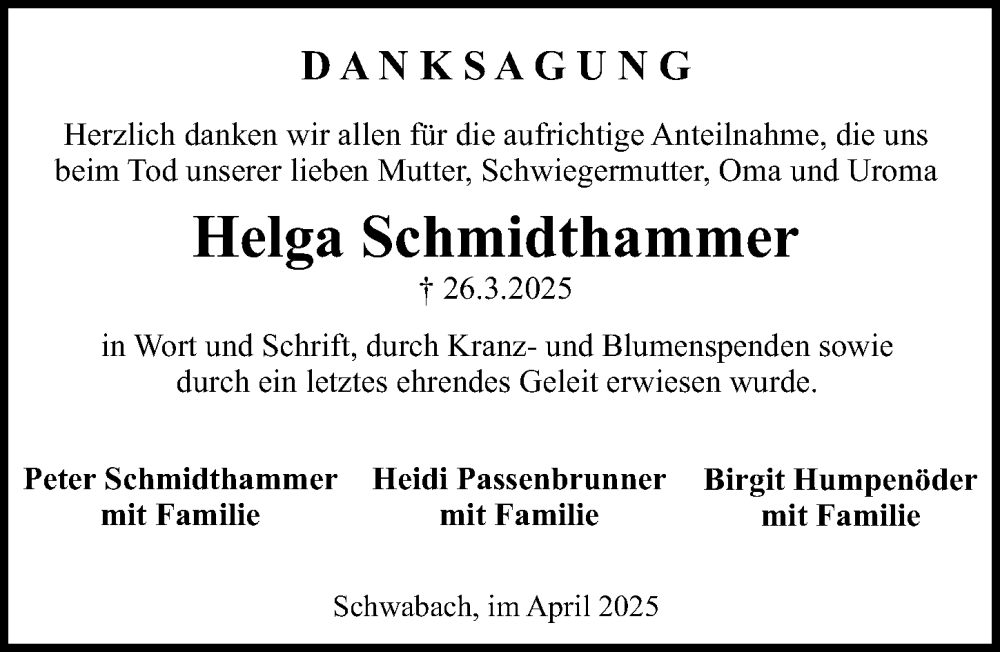  Traueranzeige für Helga Schmidthammer vom 12.04.2025 aus Gesamtausgabe Nürnberger Nachrichten/ Nürnberger Ztg.