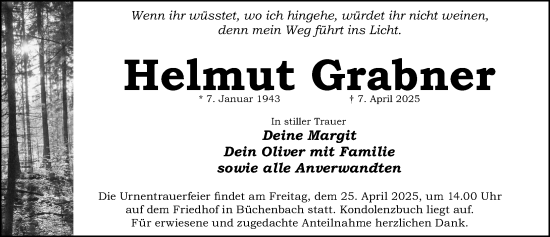 Traueranzeige von Helmut Grabner von Roth-Hilpoltsteiner Volkszeitung Lokal