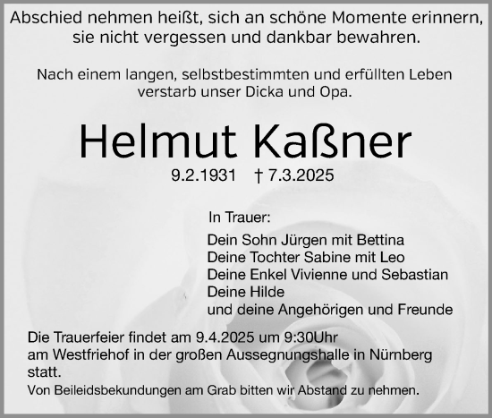 Traueranzeige von Helmut Kaßner von Gesamtausgabe Nürnberger Nachrichten/ Nürnberger Ztg.