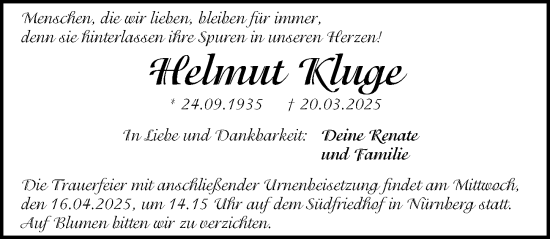 Traueranzeige von Helmut Kluge von Gesamtausgabe Nürnberger Nachrichten/ Nürnberger Ztg.