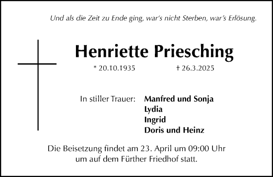 Traueranzeige von Henriette Priesching von Fürther Nachrichten Lokal