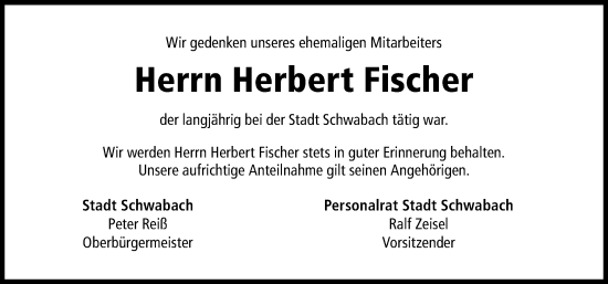 Traueranzeige von Herbert Fischer von Schwabacher Tagblatt Lokal