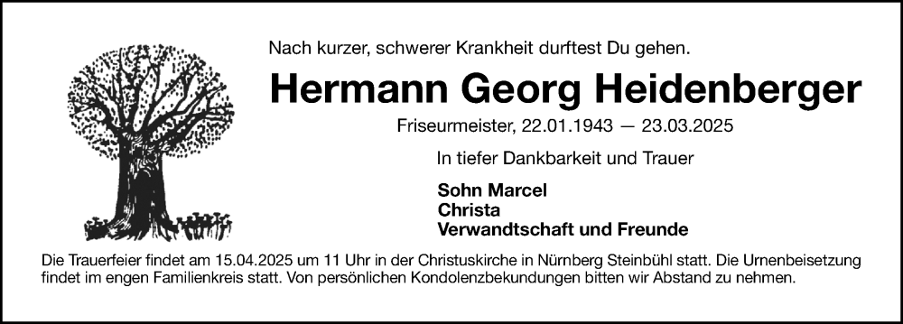  Traueranzeige für Hermann  Georg Heidenberger vom 09.04.2025 aus Gesamtausgabe Nürnberger Nachrichten/ Nürnberger Ztg.