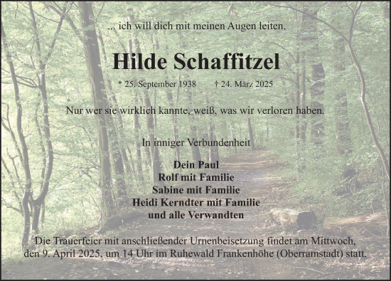 Traueranzeige von Hilde Schaffitzel von Roth-Hilpoltsteiner Volkszeitung Lokal