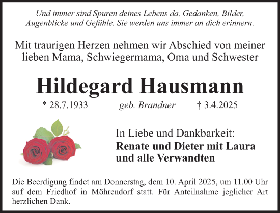 Traueranzeige von Hildegard Hausmann von Erlanger Nachrichten Lokal