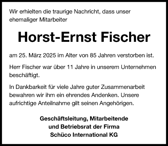 Traueranzeige von Horst-Ernst Fischer von Schwabacher Tagblatt Lokal