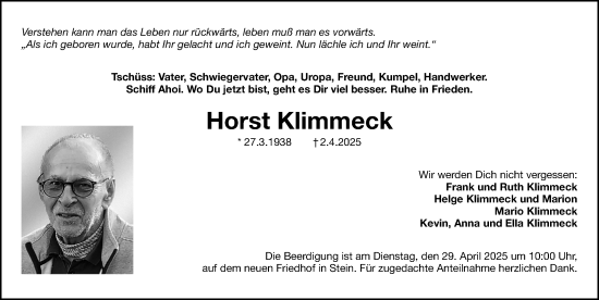Traueranzeige von Horst Klimmeck von Gesamtausgabe Nürnberger Nachrichten/ Nürnberger Ztg.