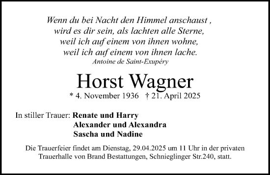 Traueranzeige von Horst Wagner von Gesamtausgabe Nürnberger Nachrichten/ Nürnberger Ztg.