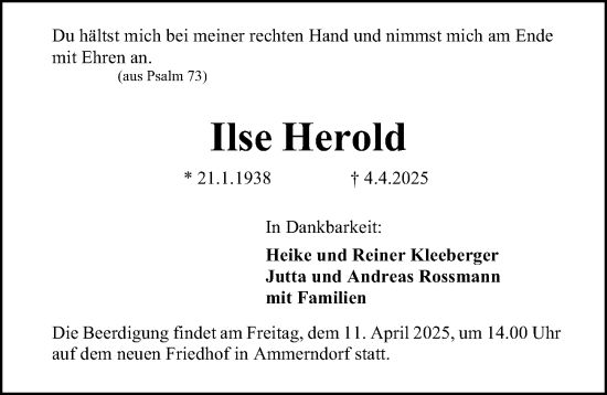 Traueranzeige von Ilse Herold von Fürther Nachrichten Lokal