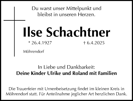 Traueranzeige von Ilse Schachtner von Erlanger Nachrichten Lokal