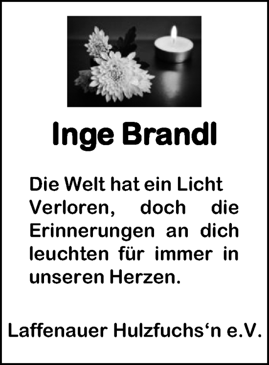 Traueranzeige von Inge Brandl von Roth-Hilpoltsteiner Volkszeitung Lokal