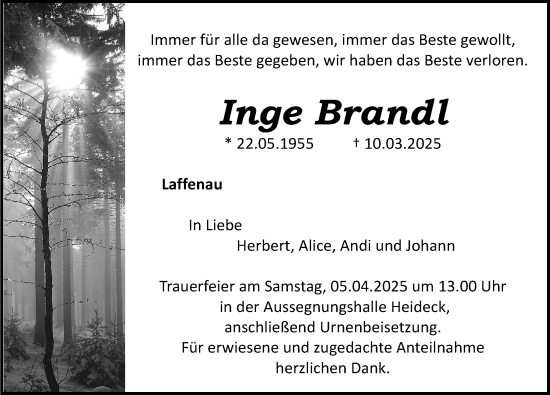 Traueranzeige von Inge Brandl von Roth-Hilpoltsteiner Volkszeitung Lokal