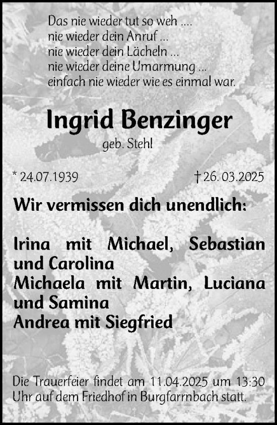 Traueranzeige von Ingrid Benzinger von Fürther Nachrichten Lokal
