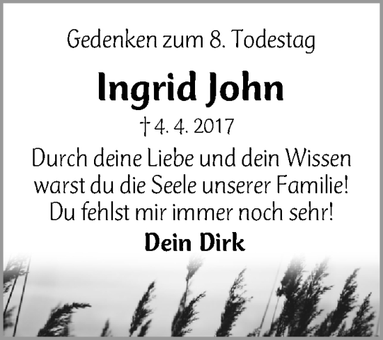 Traueranzeige von Ingrid John von Gesamtausgabe Nürnberger Nachrichten/ Nürnberger Ztg.