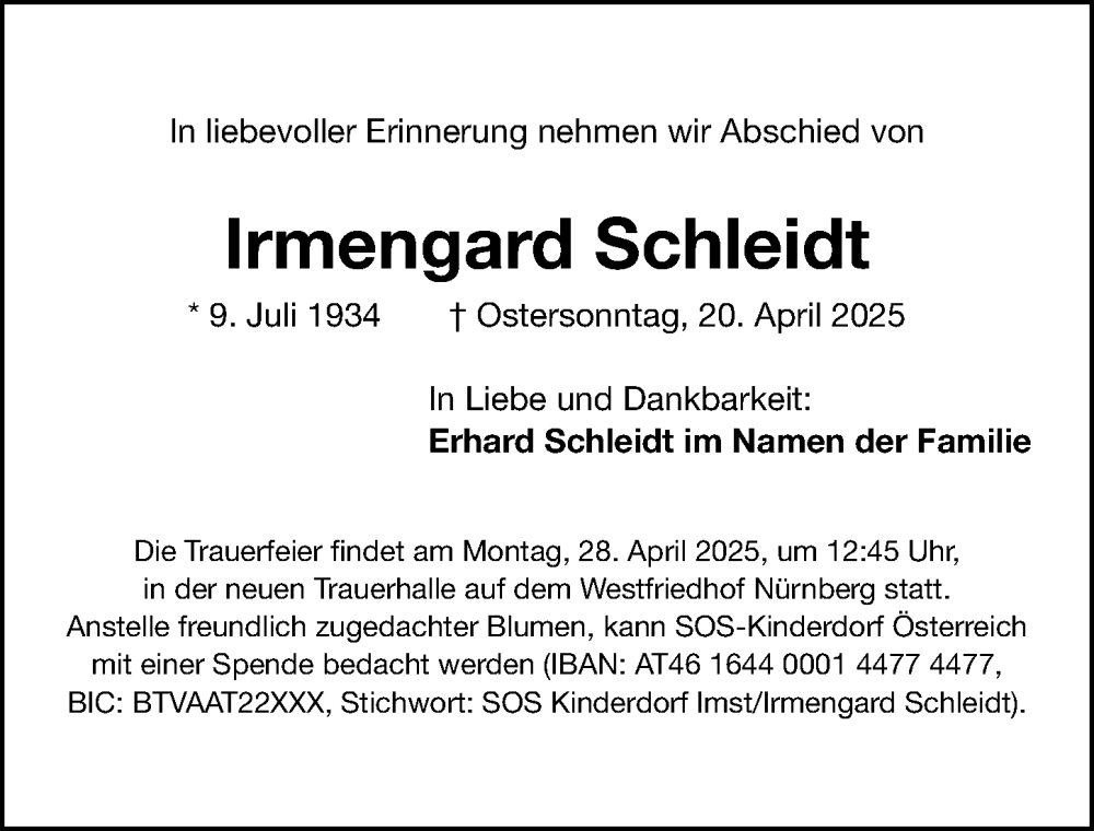  Traueranzeige für Irmengard Schleidt vom 26.04.2025 aus Gesamtausgabe Nürnberger Nachrichten/ Nürnberger Ztg.
