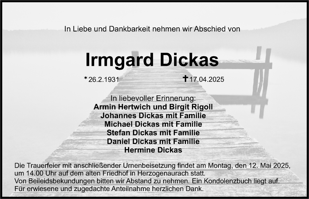  Traueranzeige für Irmgard Dickas vom 26.04.2025 aus Nordbayerische Nachrichten Herzogenaurach Lokal