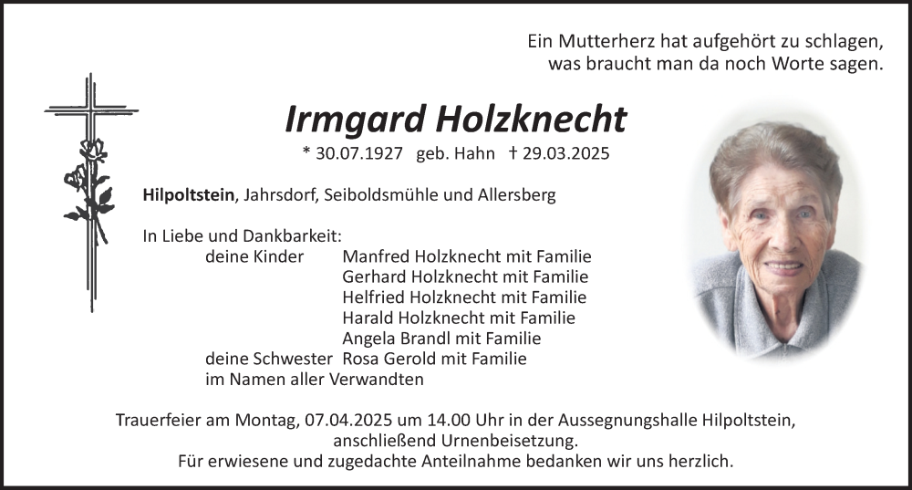  Traueranzeige für Irmgard Holzknecht vom 04.04.2025 aus Roth-Hilpoltsteiner Volkszeitung Lokal