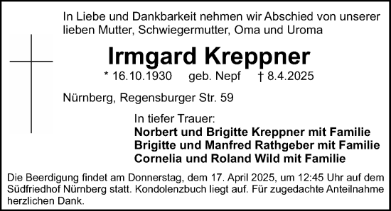 Traueranzeige von Irmgard Kreppner von Gesamtausgabe Nürnberger Nachrichten/ Nürnberger Ztg.