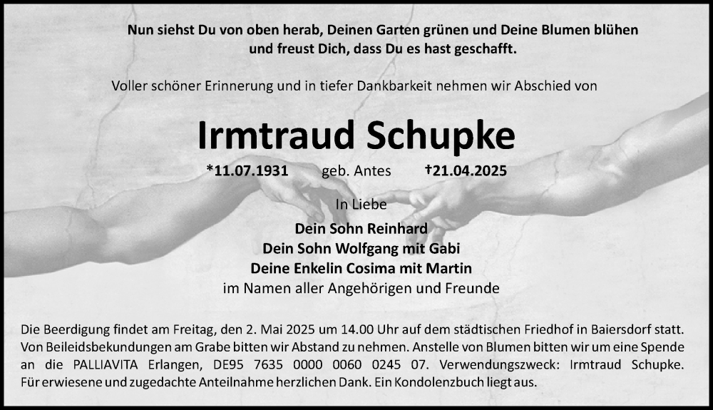  Traueranzeige für Irmtraud Schupke vom 26.04.2025 aus Erlanger Nachrichten Lokal