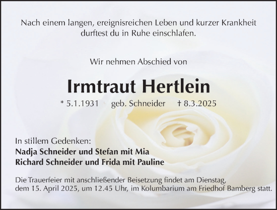 Traueranzeige von Irmtraut Hertlein von Gesamtausgabe Nürnberger Nachrichten/ Nürnberger Ztg.