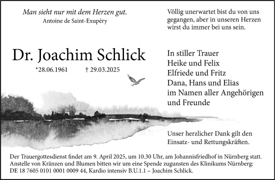 Traueranzeige von Joachim Schlick von Gesamtausgabe Nürnberger Nachrichten/ Nürnberger Ztg.