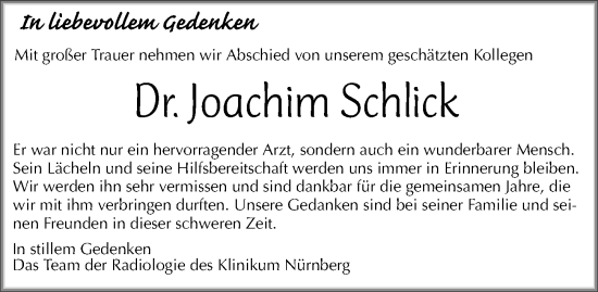 Traueranzeige von Joachim Schlick von Gesamtausgabe Nürnberger Nachrichten/ Nürnberger Ztg.