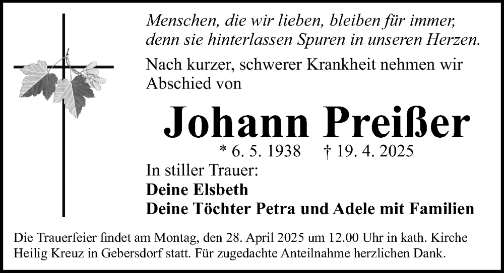  Traueranzeige für Johann Preißer vom 26.04.2025 aus Gesamtausgabe Nürnberger Nachrichten/ Nürnberger Ztg.