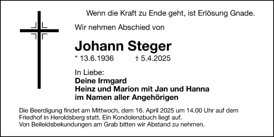 Traueranzeige von Johann Steger von Gesamtausgabe Nürnberger Nachrichten/ Nürnberger Ztg.
