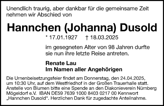 Traueranzeige von Johanna Dusold von Gesamtausgabe Nürnberger Nachrichten/ Nürnberger Ztg.