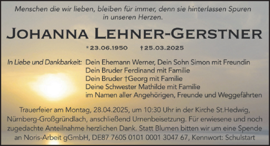 Traueranzeige von Johanna Lehner-Gerstner von Gesamtausgabe Nürnberger Nachrichten/ Nürnberger Ztg.