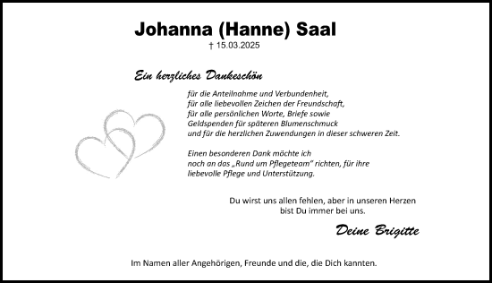 Traueranzeige von Johanna Saal von Gesamtausgabe Nürnberger Nachrichten/ Nürnberger Ztg.